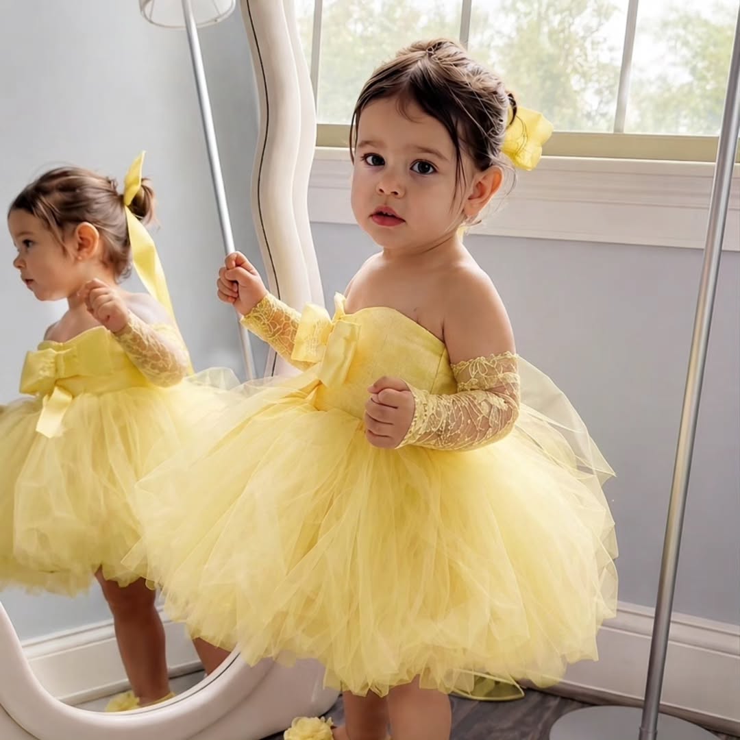 Embroidery Embellishments - Princess Yellow Flower Girl Dress For