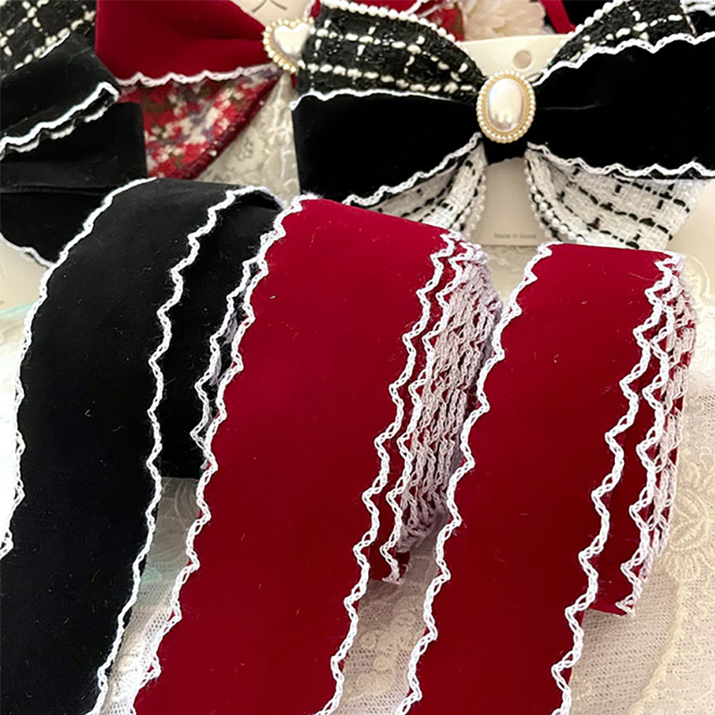 Velvet Ribbon Roll - 4cm 3cm Black Red Velvet Embroidery