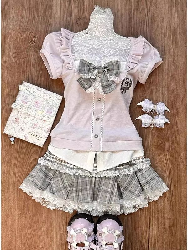 Elastic Lace Trim - Women's pink lace patchwork top with